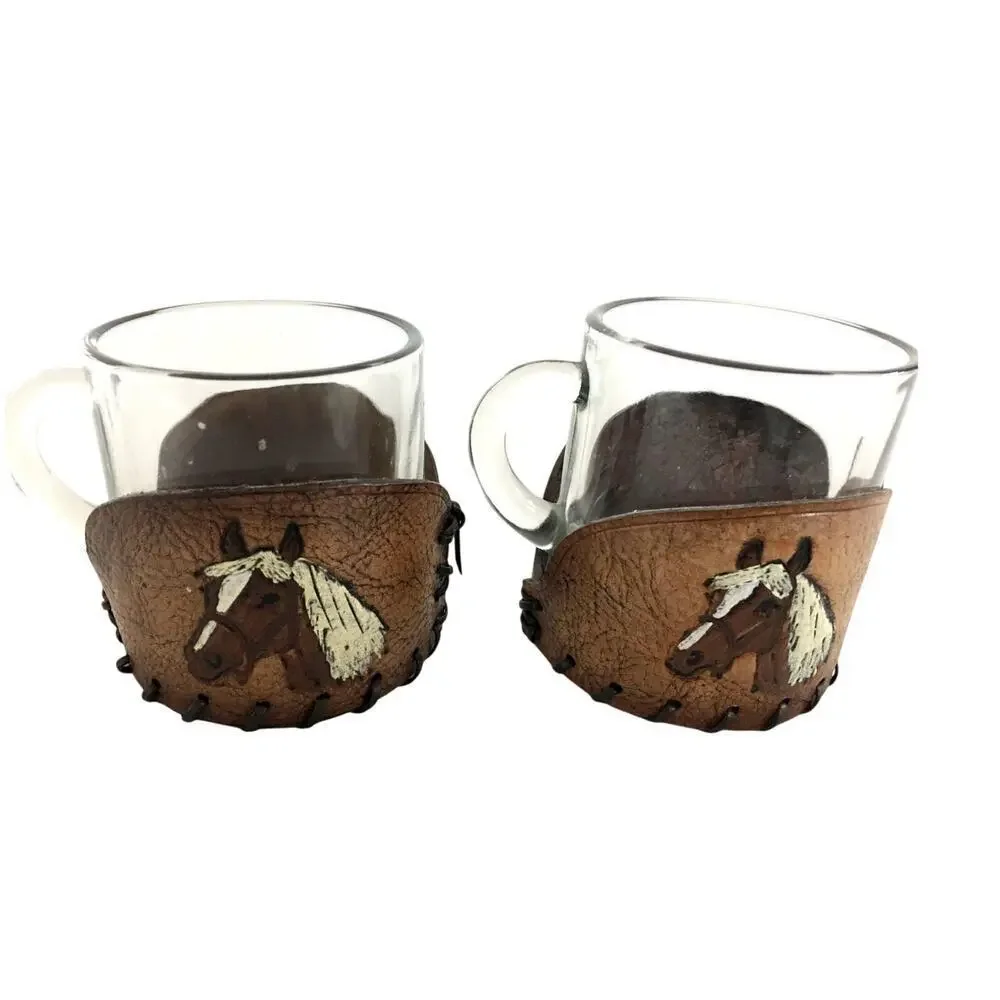 Vintage Horse Mugs (Set of 2) – Leather-Wrapped Western Style